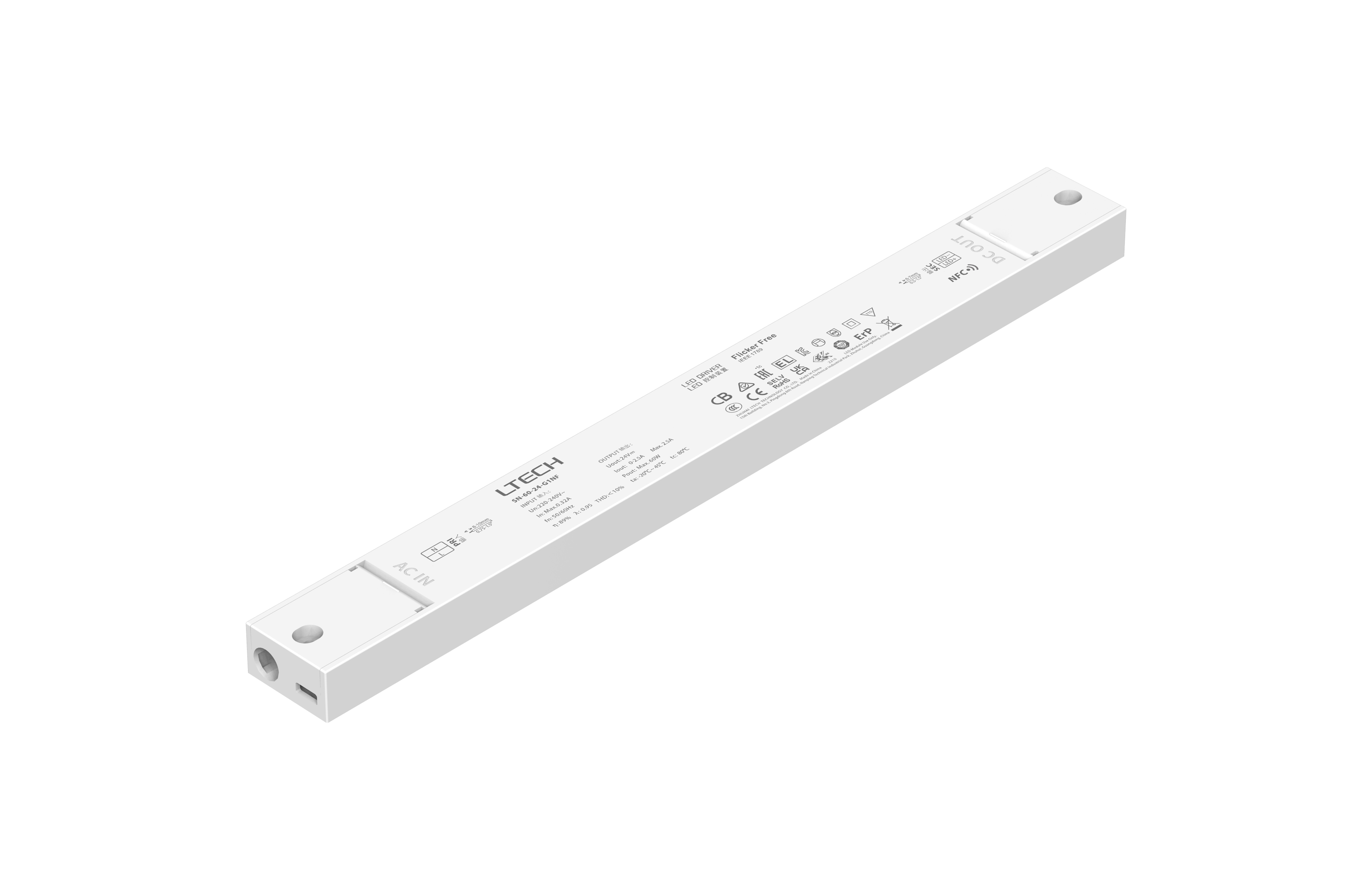 SN-60-24-G1NF-NFC  Intelligent Constant Current NFC ON/OFF LED Driver;  60W; 24VDC 2.5A ; 220-240Vac; IP20; 5yrs Warrenty.